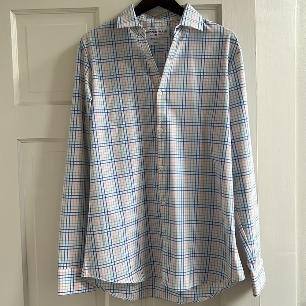 Mizzen + Main performance dress shirt - pastel plaid, men’s large